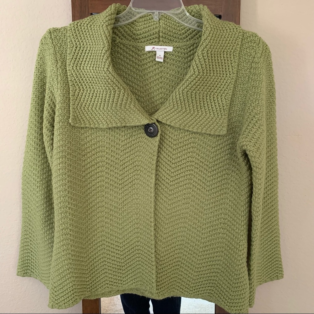 JM Collection Sage Green Wide Collar Cable Knit Sweater/Cardigan, M